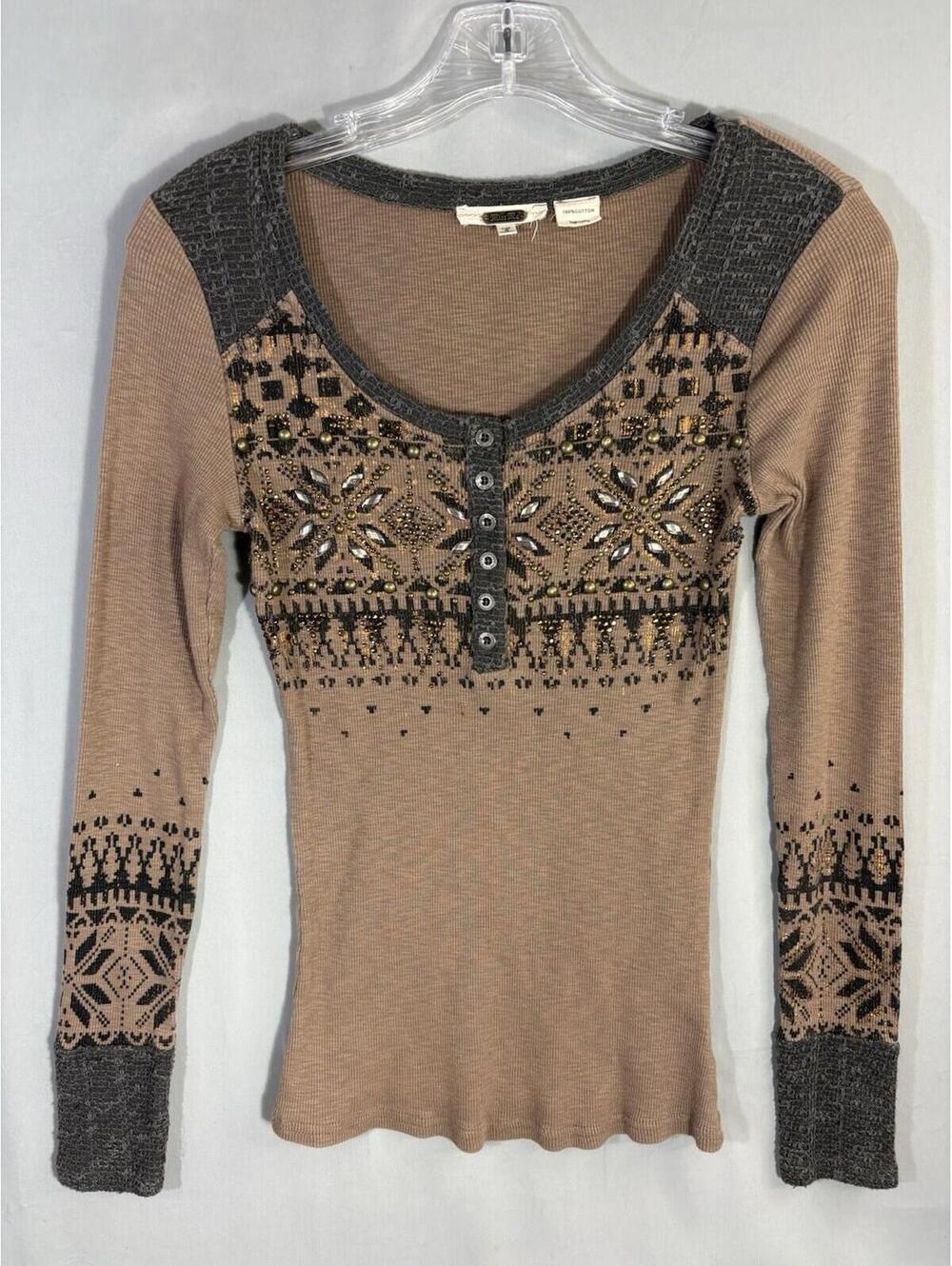 Miss Me Womens Small Cotton Thermal Henley Top Beaded Western Boho Y2K Brown